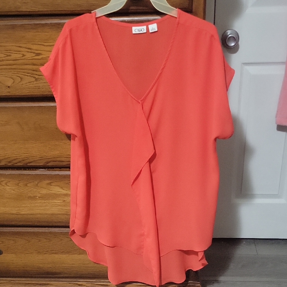 Cato Coral-Orange V-Neck Ruffle Front Blouse